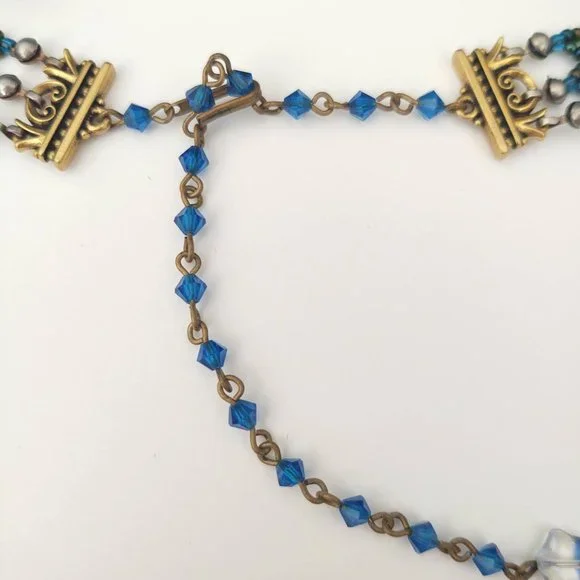 Bule and multi color iridescent seed bead choker with blue glass beads - Picture 10 of 12